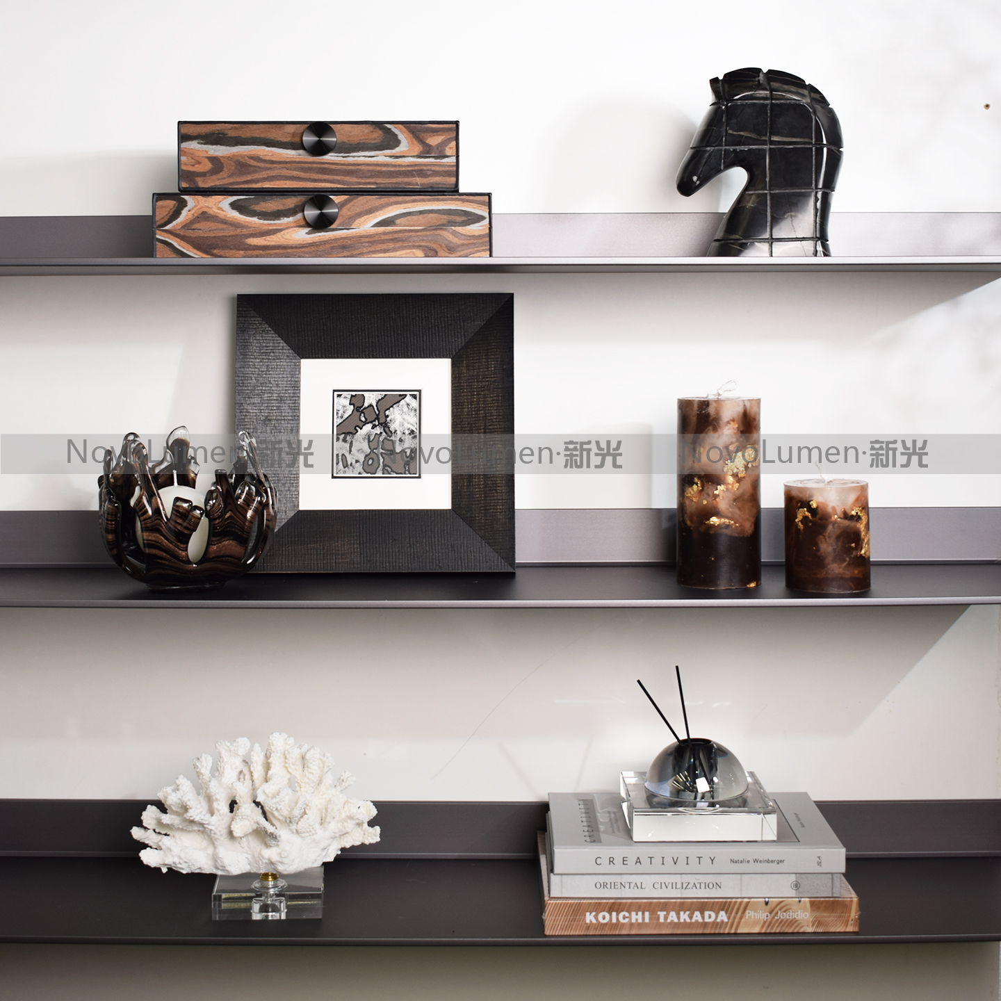 意式轻奢样板房书房装饰摆件书架展示柜组合墙面软装艺术品陈列