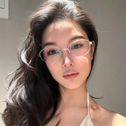 老钱风半框眼镜近视女度数可配复古金属椭圆金丝眼睛框镜架高级感
