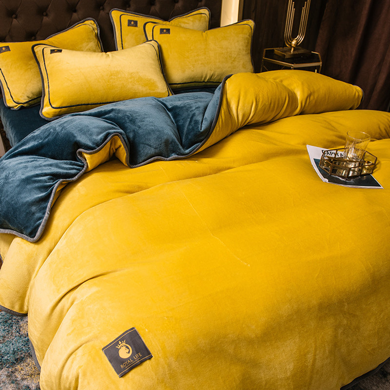 牛奶绒床上用品四件套黄色被套1.5床笠双面绒珊瑚法兰绒床单被罩