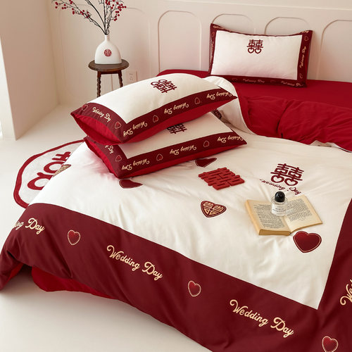 轻奢中式婚庆磨毛四件套大红色被套床单高档结婚床上用品双人喜被