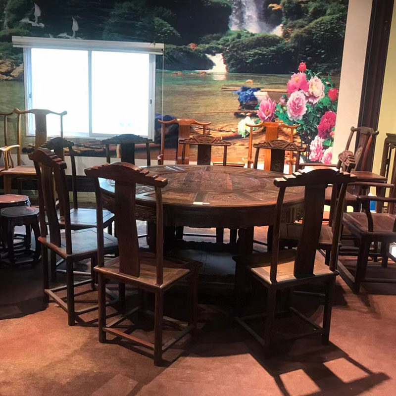 红木家具大红酸枝158cm清式圆餐桌九件套中式餐桌椅组合客厅饭桌