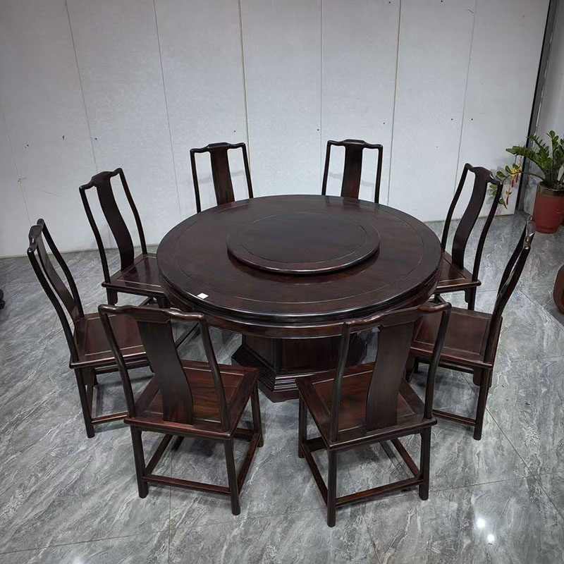大红酸枝明式圆餐桌九件套新中式客厅全实木餐桌椅组合红木家具