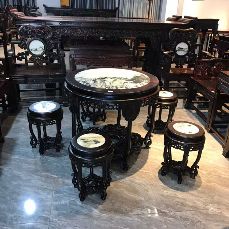 红木家具大红酸枝嵌云石五子登科圆桌六件套休闲桌茶桌饭桌组合