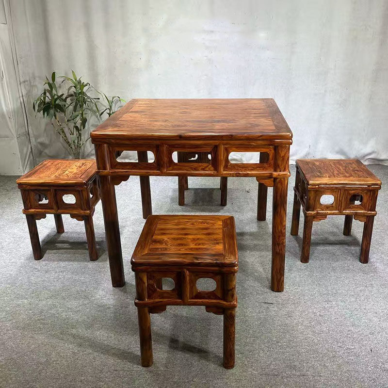 越南黄花梨休闲桌五件套客厅实木饭桌休闲桌棋牌桌椅组合红木家具