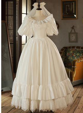 法式出门纱2025新款在逃公主缎面轻婚纱复古蕾丝森系轻奢礼服白色