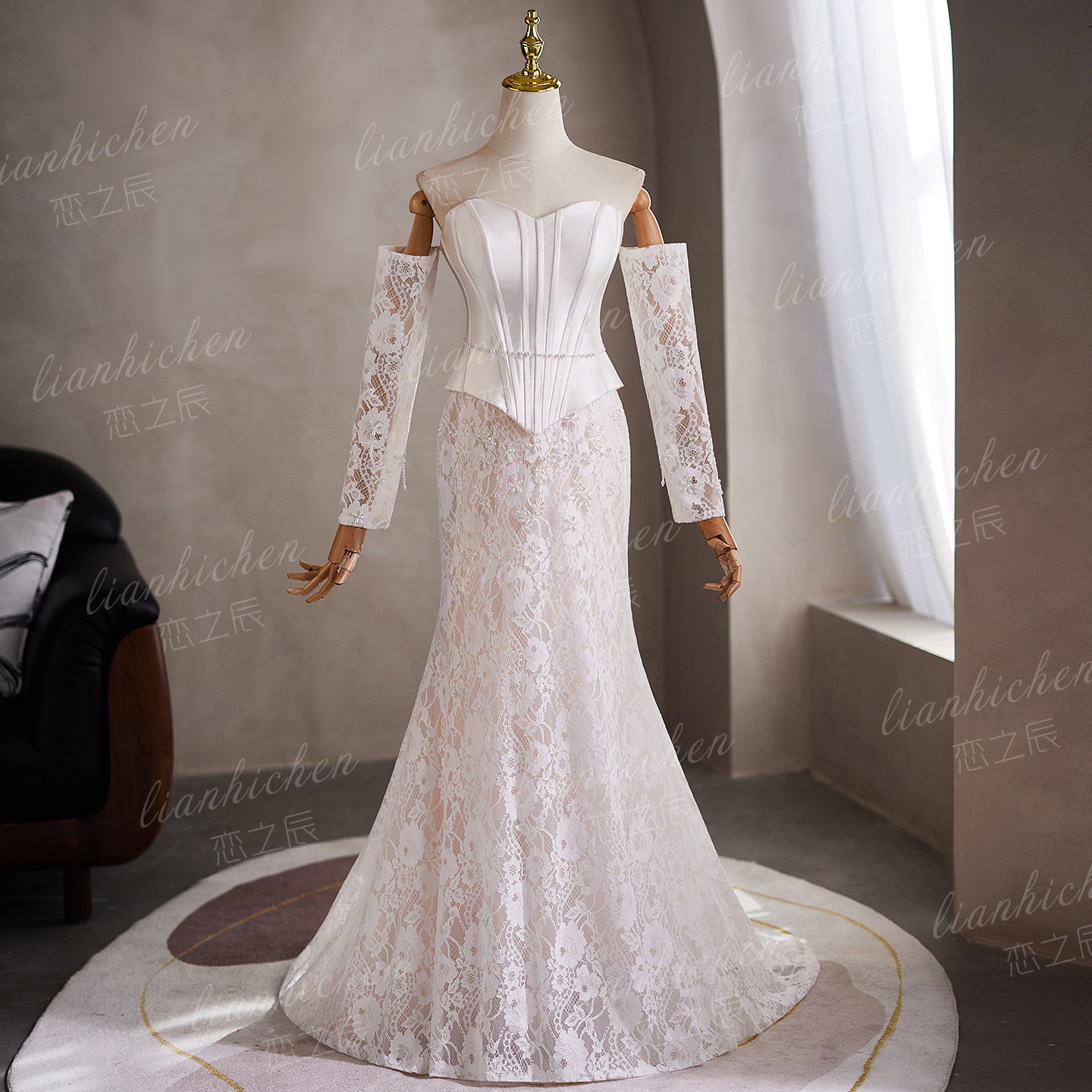 恋之辰法式一字肩蕾丝鱼尾轻婚纱新娘长袖白色显瘦超仙鱼尾礼服裙