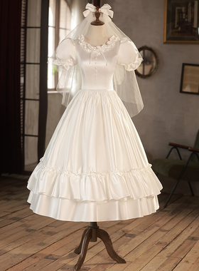 小个子出门复古轻婚纱显瘦2026新款缎面领证礼服旅拍影楼宫廷风白