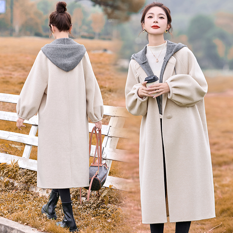 2025冬装新款简约时尚休闲羊绒连帽两件套大衣