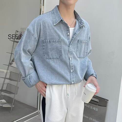 复古浅蓝牛仔宽松男衬衫百搭