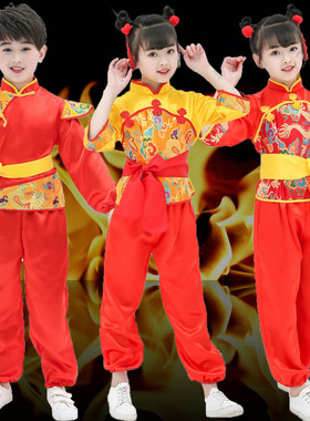 儿童开门红喜庆秧歌服男女童中国风打鼓服说唱中国红舞蹈演出服装