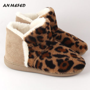 出口品质女士秋冬加厚中筒保暖棉靴子防滑居家用室内豹纹时尚雪地