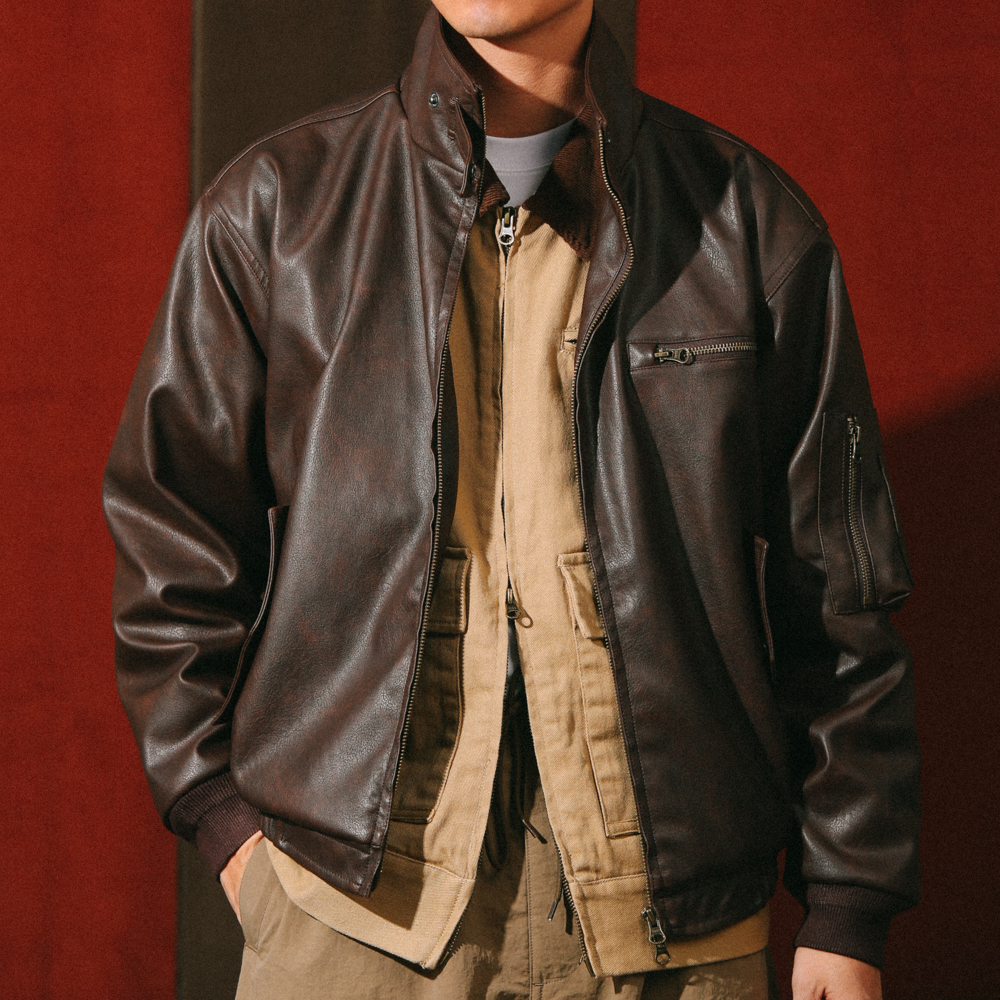 擦色DAKYAM复古立领皮衣