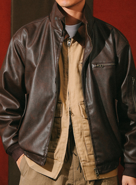 DAKYAM(达人)Aged Bomber Jacket美拉德复古短款擦色洗水夹克皮衣