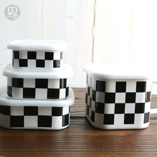 一米搪瓷、微瑕疵棋盘黑白格子加厚密封冰箱保鲜碗方杯腌制储物罐