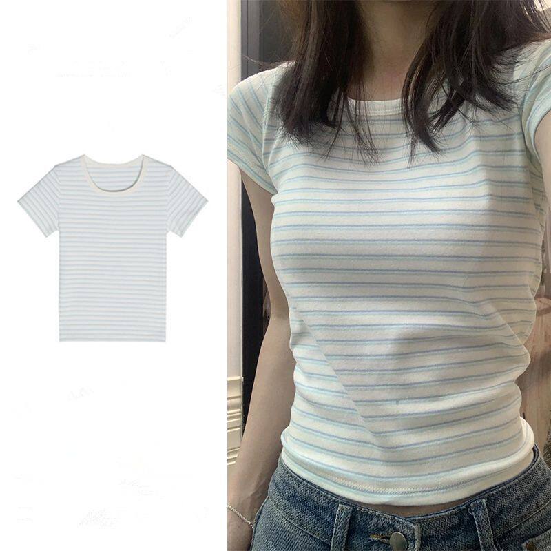 夏季日系甜美条纹修身短袖T恤女