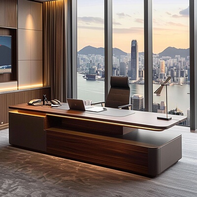 定制白蜡木实木宋式美学轻奢北美黑胡桃木大班台办公桌老板总裁桌