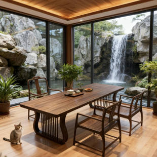 家用别墅宋式美学白蜡木茶桌椅组合国风黑胡桃客厅简约办公室茶台