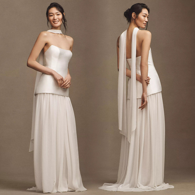 法式缎面轻婚纱抹胸新款新娘轻便简约轻奢小拖尾户外草坪婚礼主纱