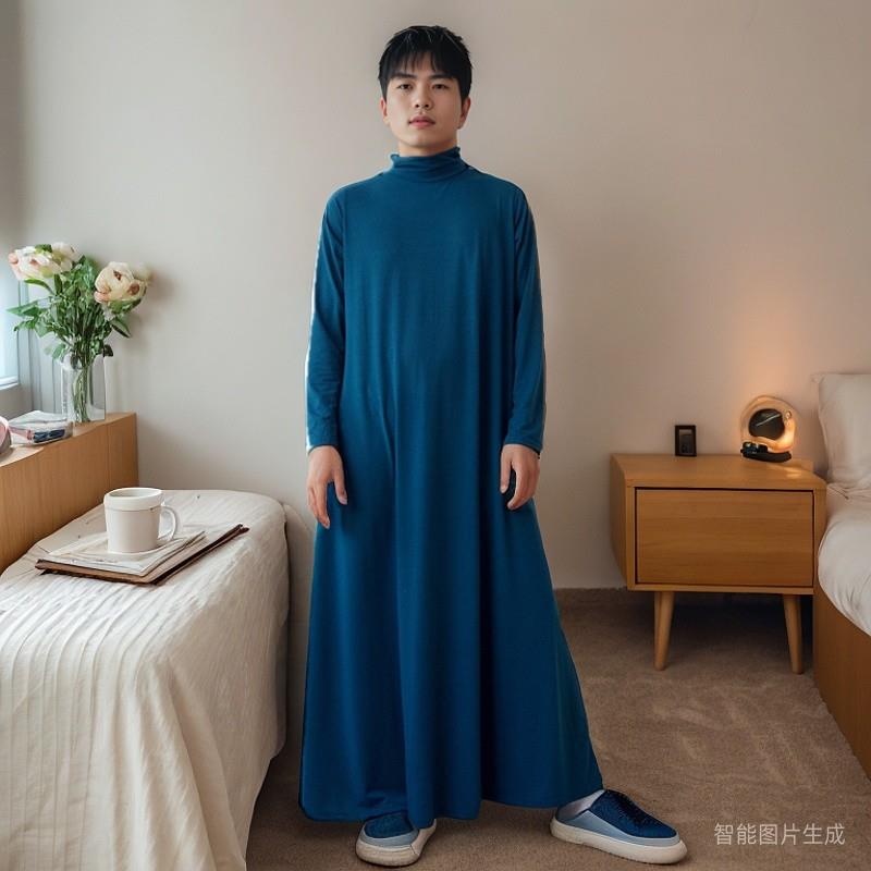 男士连衣裙长款大码秋冬长袖拖地裙艺术复古风连体睡衣半高领浴袍