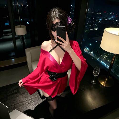 性感日式红色和服温泉浴袍诱惑睡衣女夏冰丝v领印花cos睡袍家居服
