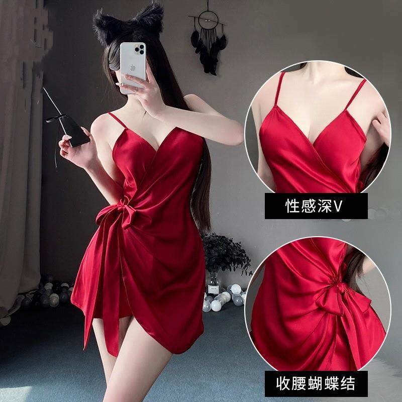 冰丝睡裙新款气质缎面系带吊带性感睡裙V领修身绑带显瘦居睡衣