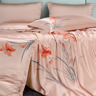 大师手绘100%真丝轻奢床单四件套桑蚕丝印花被套套件丝绸床上用品