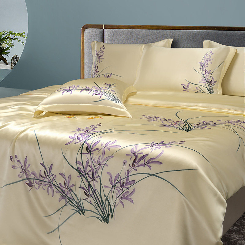 枕水人家100%真丝床上四件套婚庆双面宽幅桑蚕丝床品手绘丝绸套件