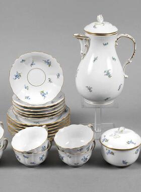 西洋古董陈设1934年白底蓝花精品雅致梅森瓷茶具一套21件