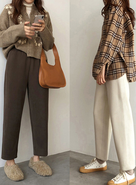 棕咖色羊毛阔腿裤女秋冬直筒显瘦香蕉裤哈伦加绒椎板萝卜奶奶裤