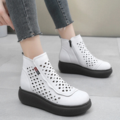 秋季 镂空凉靴松糕短靴坡跟白色女靴 大码 真皮厚底凉鞋 女2025新款