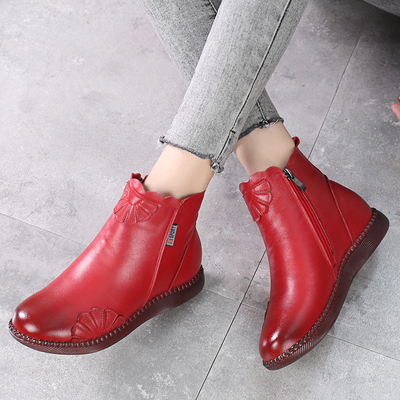 冬季红色真皮短靴软底软皮本命年