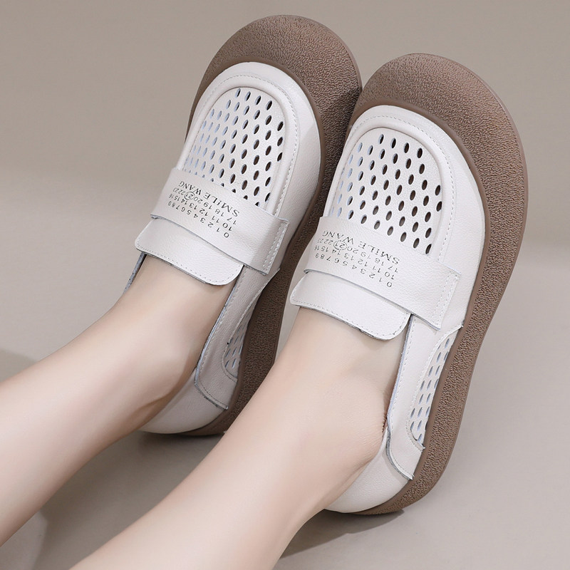 真皮厚底单鞋女镂空洞洞鞋平底一脚蹬妈妈鞋夏天女鞋软底豆豆鞋