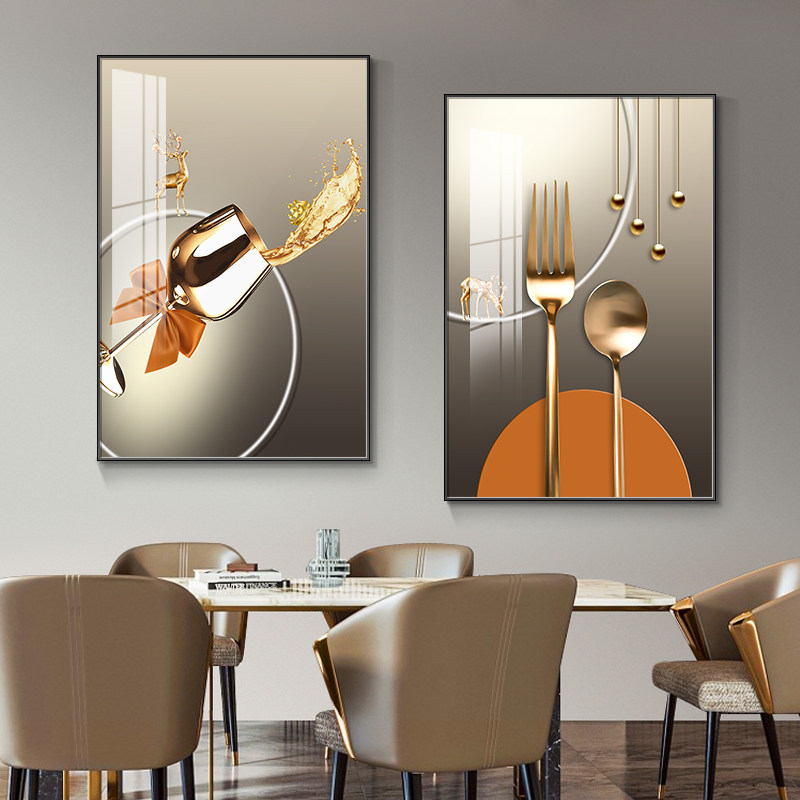 现代轻奢饭厅装饰画画酒杯大气饭厅饭桌两联挂画画客厅餐桌背景墙