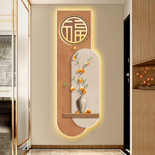 新中式入户玄关装饰画壁灯led发光灯画正对门走廊挂画过年氛围画