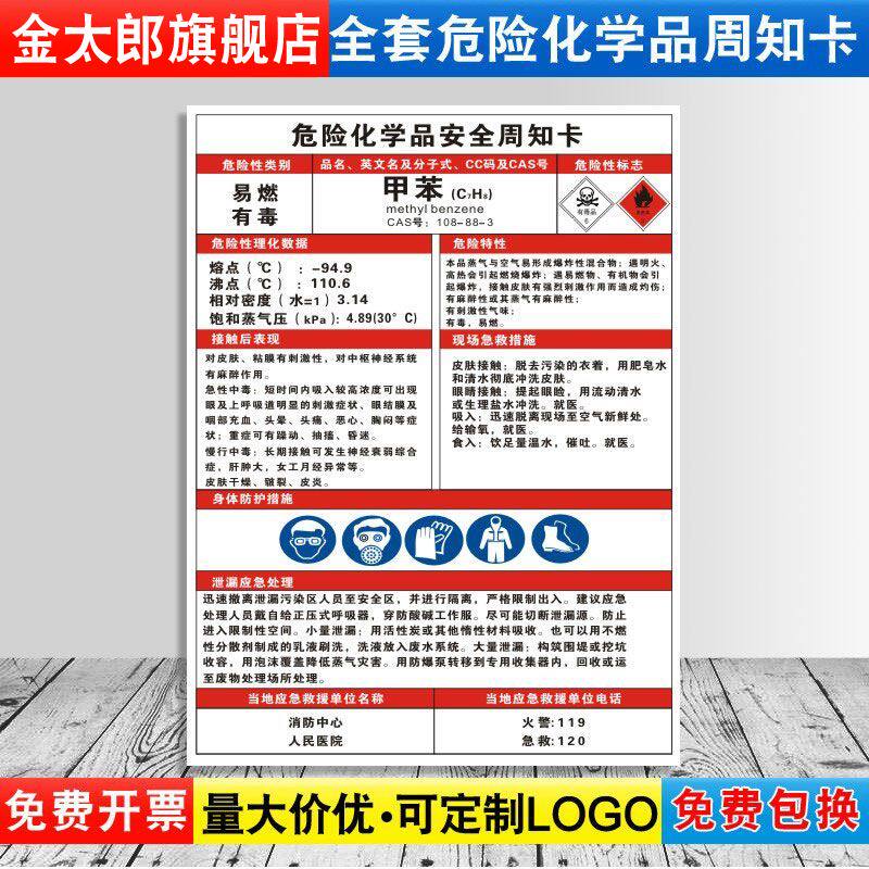 甲苯危险化学品安全周知卡职业病危害告知牌易燃易爆腐蚀中毒危险品