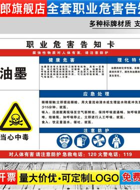 油墨职业病危害告知牌卡卫生当心中毒消防安全周知危险废物化学品工厂车间标识提示贴纸警示标志定制GZD47