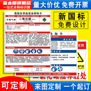 二氧化碳危险化学品安全周知卡氧氢氮气混合气体MSDS职业病危害告知牌气瓶存放处风险点标识警示牌提示定制QT