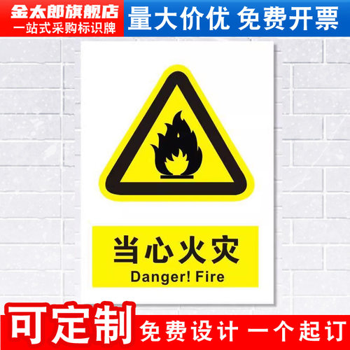 消防安全当心火灾警示标识牌贴纸