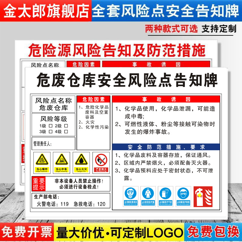 危废仓库安全风险点告知牌卡危险源预防措施机械设备操作标识牌标志标示指示警