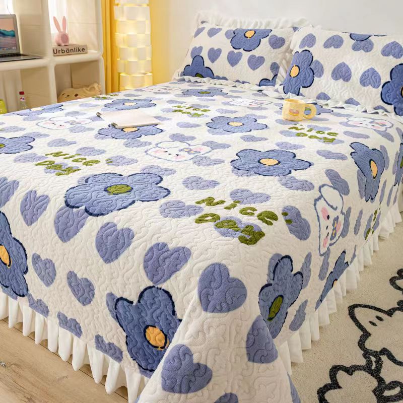 新款牛奶绒花边床盖三件套冬季夹棉防滑珊瑚绒床单双人四季通用