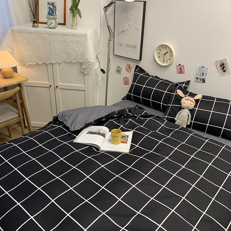 欧式简约黑格子床上四件套单件被套床单被罩女学生宿舍单人三件套