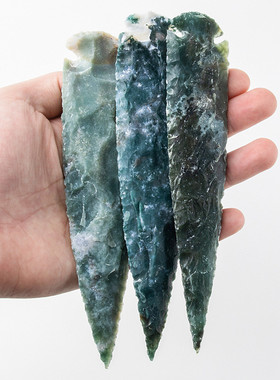 手工敲制原始石刀箭头匕首天然原石玛瑙青色矛器印第安箭簇男挂件