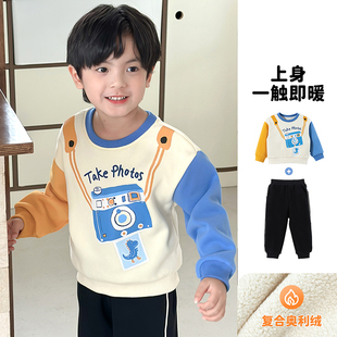两件套 贝贝怡童装 男童卡通印花卫衣套装 秋冬款 奥粒绒保暖卫衣卫裤