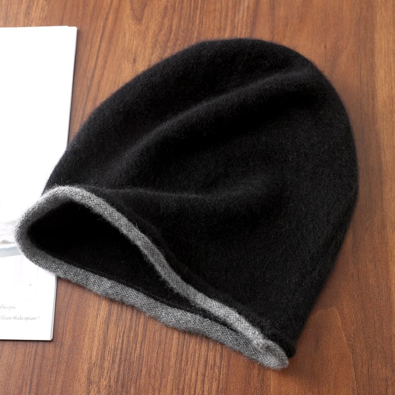 秋冬100%纯羊毛拼色帽子男女毛线套头护耳包头帽针织堆堆帽冷帽