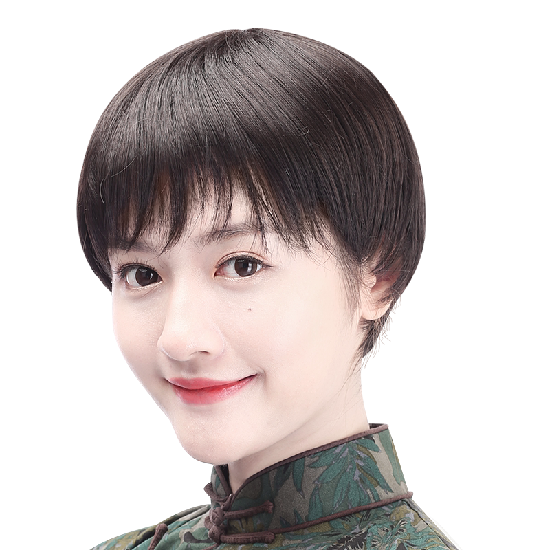 娇滴滴斜刘海中老年仿真假发套