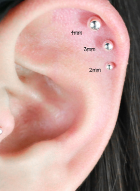 双球圆珠耳钉女通体纯银小银耳钉耳骨钉单只螺丝拧扣耳堵短杆耳饰