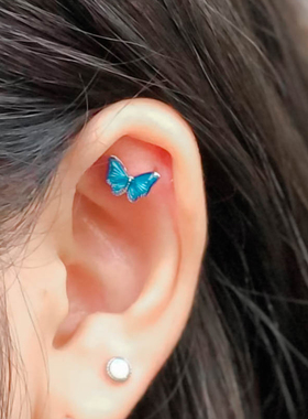 通体纯银蝴蝶耳钉小众耳骨钉养耳洞耳饰女高级感s999圆脸耳钉2023