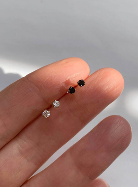 黑色小钻耳钉女纯银2025秋冬二环耳饰百搭blingbling耳环锆石
