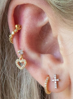 叠戴好看~个性爱心耳骨钉简约日韩十字架耳钉清新少女心可爱耳饰