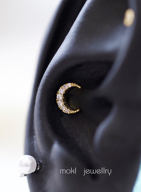螺丝拧耳骨钉有耳洞金色月亮皓石耳钉钛钢耳蜗钉新款高级感女秋冬